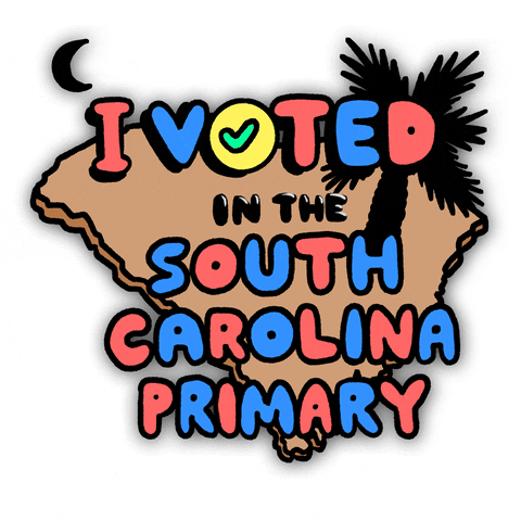 Political gif. Text "I voted in the South Carolina Primary" appears shimmering over a map of South Carolina decorated with a palm tree and a moon. 
