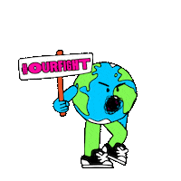Digital art gif. Angry Earth with scribbly lines over its mouth marches forward over a transparent background, pumping a sign into the air that reads, “#OURFIGHT.”