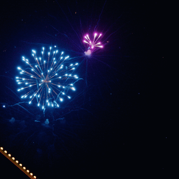 Video gif. Purple and blue fireworks go off against a black night sky.
