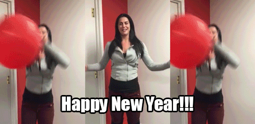 Reality TV gif. Triple split screen of a Mattie in Party Down South bouncing around with balloons and saying, "Happy New Year!"