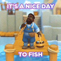 Cartoon gif. A fisherman sits down at the end of a dock and throws out his fishing line. Text, "It’s a nice day to fish.”