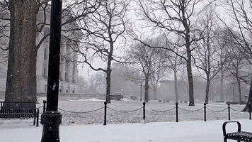 Snow Falls at Wisconsin Capitol During Winter Storm