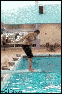 Video gif. A man bounces on a diving board before flipping over and hitting his head on the edge, then falling with a splash into the pool below.