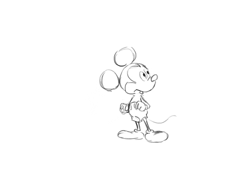 an illustration of Micky Mouse catching a big round ball character with ears and smiling face in sketch format
