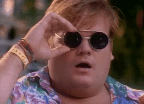 SNL gif. Chris Farley in an SNL skit. He's wearing a Hawaiian shirt and has glasses with a sunglasses cover. He is slack jawed and shocked as he stares and flips the sunglasses up, revealing his glasses.