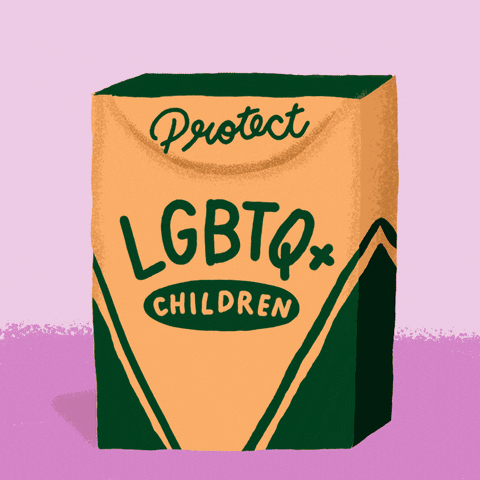 Digital art gif. Box of crayons labeled “Protect LGBTQ+ Children” against a purple background pops open, revealing a yellow, red, blue, green, and purple fist pumping enthusiastically into the air.