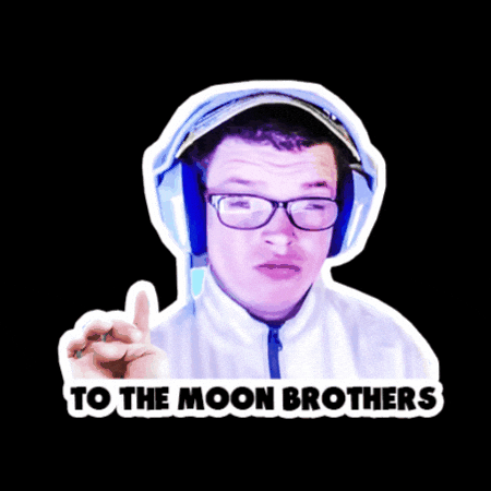 Photo gif. Man wearing headphones and glasses looks at us and points up and the photo shakes around. Text, "To the moon, brothers."