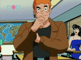Cartoon gif. In a clip from Archie's Weird Mysteries, Archie stares back at us as he mulls over some clues.