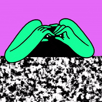 Illustrated gif. Green hands and arms lean on a black and white table. It looks like they’re hiding what seems like small white eyes. The eyes pop out and become super long and waves around, looking. The eyes pop back under the hands.