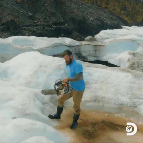 Chainsaw cuts ice