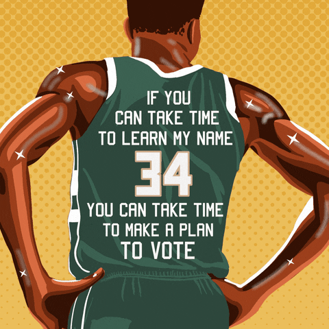 Digital art gif. Black basketball player wearing a green Number 34 jersey stands with his back to us, hands on his hips against a yellow polka dot background. The back of his jersey says, “If you can take time to learn my name you can take time to make a plan to vote.”