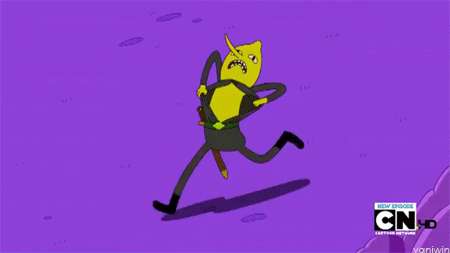 Cartoon gif. Earl of Lemongrab in Adventure Time runs frantically through a purple field, dramatically ripping off his clothes and stripping down to his underwear.