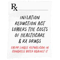 Digital art gif. Prescription pad rests over a transparent background. Text, “Inflation Reduction Act lowers the costs of healthcare & Rx drugs. Every single Republican voted against it.”