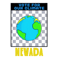 Digital art gif. Earth spins in front of a grey and white checkered background framed in a transparent box. Text, “Vote for the climate. Nevada.”