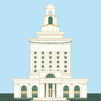 Digital art gif. Illustration of a large banner unfurling from the top of Oakland City Hall. The banner says, "By the people of Oakland, for the people of Oakland," in large capital letters, everything set against a light blue background.
