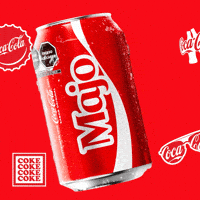 Sponsored gif. A red can of Coca-Cola with the name "Majo" printed on it tilts back and forth. Coca-Cola logos on bottle caps and sunglasses are in the background.