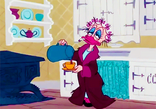 Cartoon gif. Daisy duck stands in a kitchen, absolutely exhausted with a cigarette in her mouth as she pours coffee into a cup.