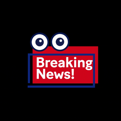 Digital Art gif. Two cartoon eyeballs bounce up and down on blue frame over a red box that reads, "Breaking news!"