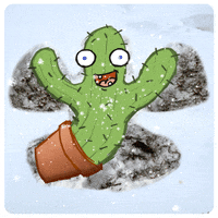 Digital art gif. A smiling cartoon cactus in a pot wiggles in the snow, making a snow angel.