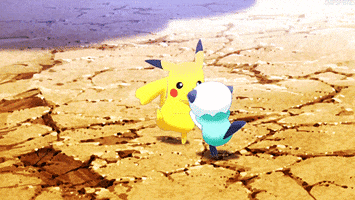 Animation gif. Pikachu and Oshawott from Pokémon are holding hands and spinning together, playing on a dry, cracked desert floor. They're best buds!