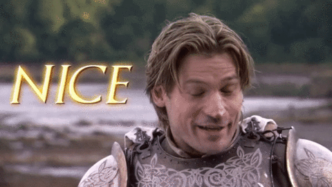 TV gif. Nikolaj Coster-Waldau as Jaime in Game of Thrones. He's wearing his suit of armor and gives us a charming smile while raising his eyebrows and saying, "Nice," in pleasure.