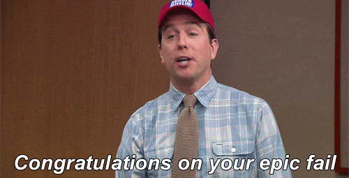 The Office gif. Wearing a Dunder Mifflin cap, Ed Harris as Andy smiles and waves his arms while saying "Congratulations on your epic fail," which appears as text.
