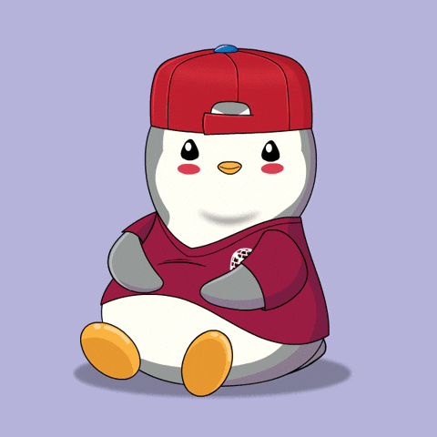 Illustrated gif. Pudgy Penguin sitting, wearing a backward red baseball cap and dark maroon jersey with an igloo emblem on it, shifts to one side and lets out a small fart, politely waving it away with their wing.