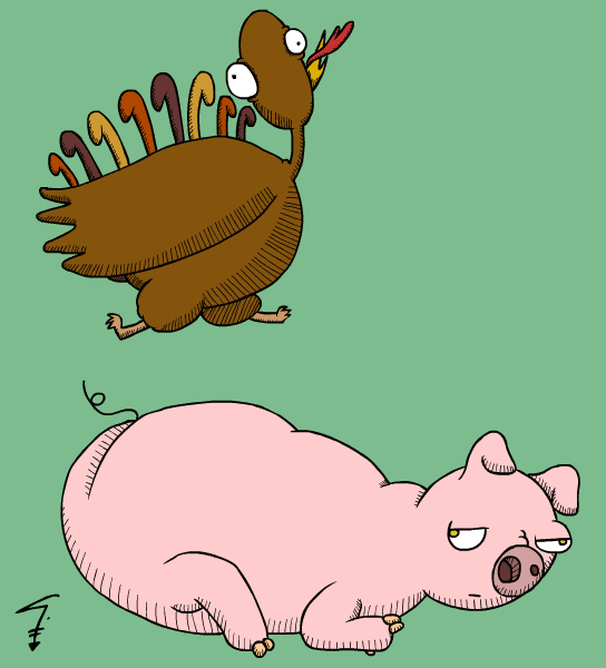 Cartoon gif. A turkey bounces relentlessly on top of an annoyed pink pig.  