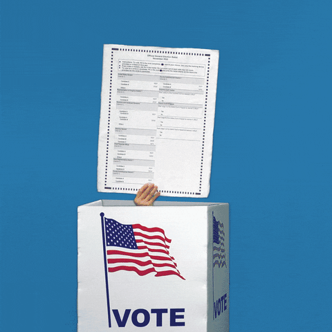 Digital art gif. Hand raises a ballot out of a white box decorated with an American flag labeled “Vote” against a blue background. Above the box, a rainbow appears, reading the text, “Stoodis.”