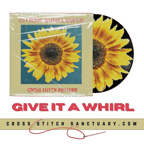 Animated twirling of sunflower image depicted as a vinyl record to playfully showcase finished cross stitch project