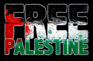 Text gif. The text, "Free Palestine" is written in big block letters in the colors and pattern of the Palestinian flag. 