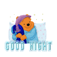 Sticker gif. Winnie the Pooh cozy in pajamas and nightcap with a pillow and security blanket, surrounded by stars atop blue letters in a collegiate font, bouncing peacefully. Text, 'Good night.'