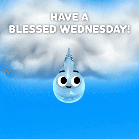 Digital illustration gif. Water droplet smiles as it falls from a cloud into a smiling pot of dirt where a white flower quickly shoots up and blooms. Text, "Have a blessed Wednesday!'