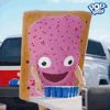 Sponsored gif. A Pop Tart-shaped mascot with enormous eyes and pink frosting stands next to a pickup truck and and a table of blue plastic cups. The mascot throws a Pop Tart into the air over it's shoulder. The scene cuts to the Pop Tart falling into a toaster in a kitchen where a man in a plaid shirt celebrates. The Pop Tart logo is in the upper right corner. Text reads: "Heatin' up"
