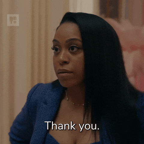 TV gif. DomiNque Perry as Aja in Diarra from Detroit pauses then half-smiles as she says, "Thank you," which appears as text.