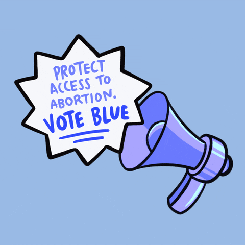 Illustrated gif. White action star pops out of a periwinkle blue bullhorn onto a China blue background with a message in blue marker font. Text, "Protect access to abortion, vote blue!"