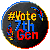 Digital art gif. Circle graphic over a transparent background, featuring the two colorful feathers encircling the text, "#Vote 7th Gen" flashing in multi-colored font.