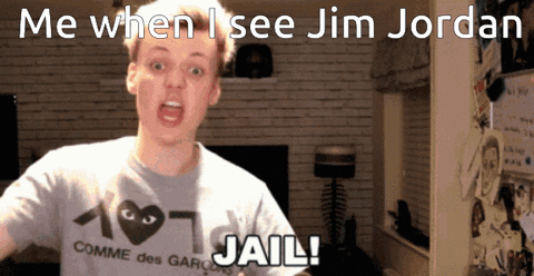 Video gif. Woman points at us and yells, “Jail!” As bars appear in front of her. Caption, “When I see Jim Jordan.”
