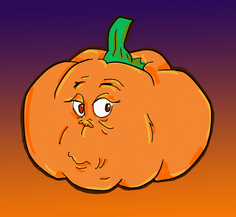 Cartoon gif. Halloween truly is Grinch Night as we see an uncarved pumpkin with a Grinch face go from looking innocent to smirking evilly.