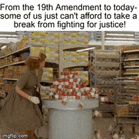 Meme gif. Ginnifer Goodwin as Beth Anne Stanton in the TV show "Why Women Kill" closes her eyes and sways back and forth shakily before crashing into a tower of Campbell's soup cans at a supermarket. Text, "From the nineteenth amendment to today, some of us just can't afford to take a break from fighting for justice!"