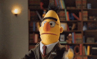 Sesame Street gif. Dressed formally in a suit and glasses and standing in front of a bookcase, Bert throws up his arms and shrugs, exasperated.