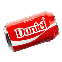 Sponsored gif. A red can of Coca-Cola with the name "Daniel" spins horizontally. 