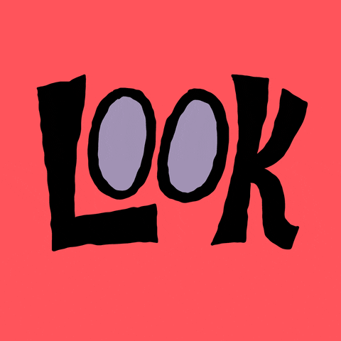 Illustrated gif. The word, "Look," expands and shrinks. The O's in the word turn into eyes and the L has a mouth coming out from the bottom. 