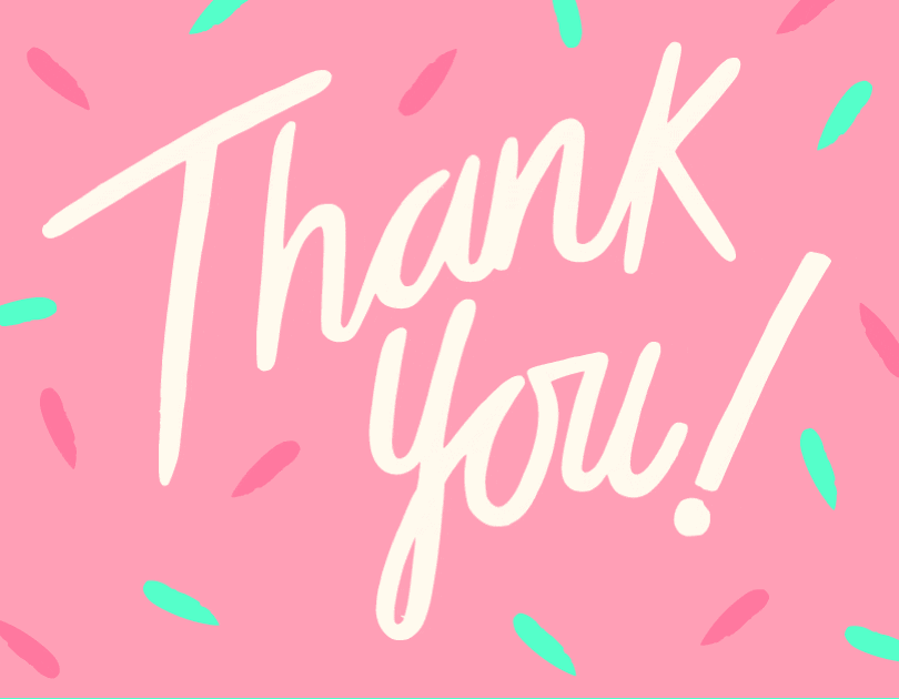Text gif. On a bubblegum pink background with white text flashing with turquoise and says, "Thank you!"