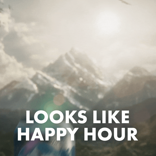 Sponsored gif. Hand lifts a can of Busch Light beer in the air. In the background, the sun shines brightly over a picturesque valley bordered by snow-capped mountains. Text reads, “Looks like happy hour.”
