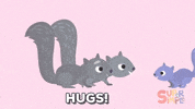 Cartoon gif. A baby squirrel from Treetop Family hops over to their squirrel grandparents and gives them a big group hug