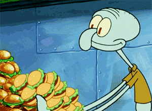 SpongeBob SquarePants gif. Squidward happily piles a stack of krabby patties into his mouth all at once.