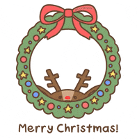 Illustrated gif. A Christmas wreath is adorned with simple ornaments and a red ribbon on top. Corgiyolk dressed in a reindeer costume pops up and rests its little paws on the wreath. Text, ”Merry Christmas!” in handwritten letters.