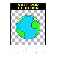 Digital art gif. Earth spins in front of a grey and white checkered background framed in a transparent box. Text, “Vote por el clima. Arizona.”