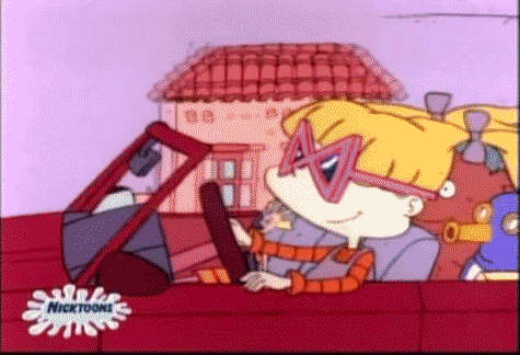 Cartoon gif. Driving a convertible, Angelica in Rugrats looks cool in sunglasses as she cruises with her doll and stuffed animal passengers.